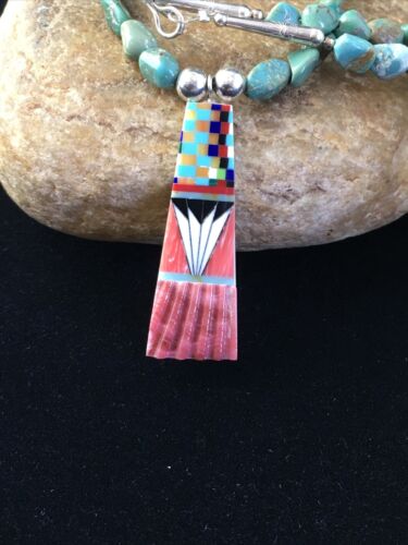 Authentic Native American Navajo Sterling Silver Necklace with Green Turquoise Inlay Pendant | 25" | 1751
