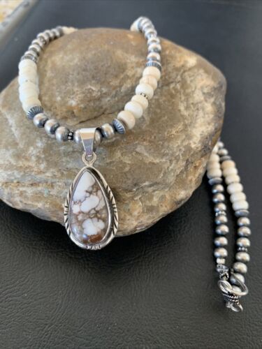 Navajo Pearls Wild Horse Turquoise Howlite Necklace Pendant | Sterling Silver | Authentic Native American Handmade | 1913