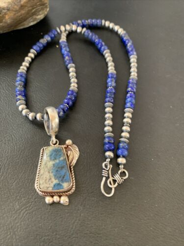 Men's Navajo Pearls Lapis Necklace with Azurite Pendant | Sterling Silver | Authentic Native American Handmade | 01931