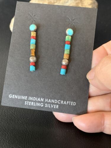 Multi-Color Turquoise Coral Bead Earrings | Sterling Silver | Navajo Handmade | 1" | 13053
