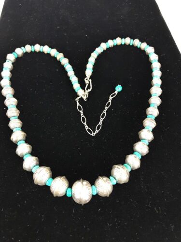 Navajo Pearls Turquoise Bead Necklace | Sterling Silver | 25" Single Strand | Southwestern | 00104