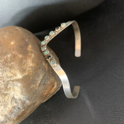 Navajo Old Pawn Cuff Bracelet | Sterling Silver | Handmade Blue Turquoise & Onyx | 13583 - Masha USA