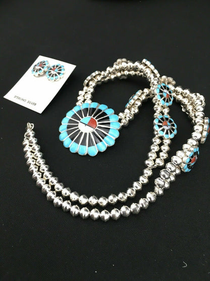 Zuni Sun Face Turquoise Inlay Sterling Silver Squash Blossom Necklace Set | Native American Handmade | 1308