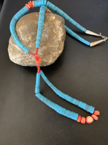 Southwestern Santo Domingo Pink Coral Blue Turquoise Jacla Necklace | 20" | Authentic Native American Handmade | 12515