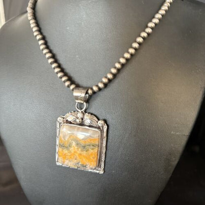 Navajo Bumblebee Jasper Pendant Necklace | Canary Yellow | Sterling Silver | Authentic Native American Handmade | 14249