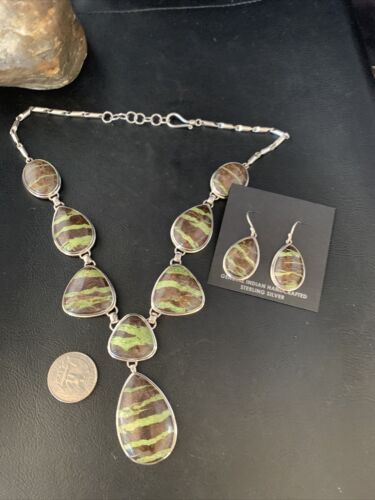 Navajo Green Gaspeite Necklace Choker Earrings Set | Sterling Silver Pendant | 19" | Authentic Native American Handmade | 13795