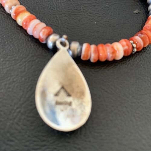Navajo Pearl Necklace with Red Apple Coral & Spiny Oyster Pendant | Sterling Silver | 12373
