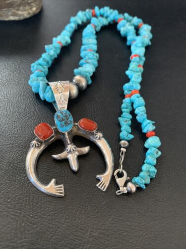 Navajo Sterling Silver Turquoise Coral Pendant Necklace | Authentic Native American Handmade | 11697