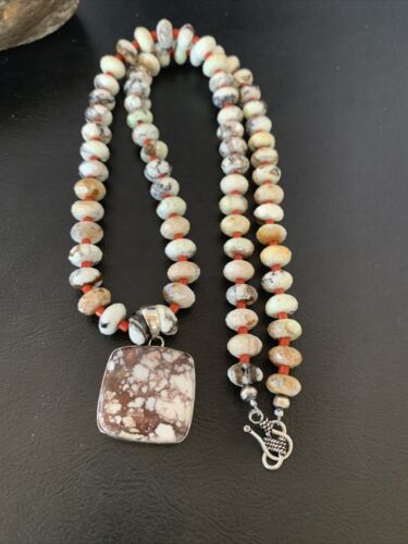 Navajo Coral Wild Horse Turquoise Pendant Necklace | Sterling Silver | Authentic Native American Handmade | 10267