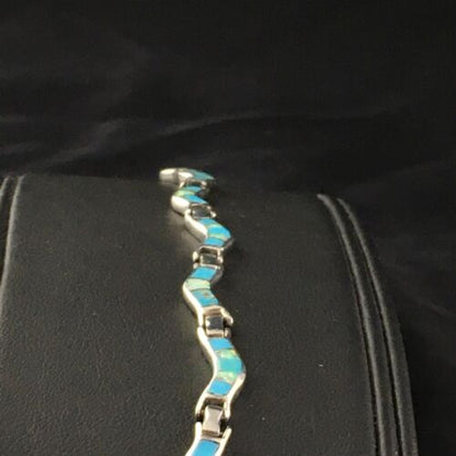 Women's Sterling Silver Turquoise Coral Inlay Link Bracelet | 6.75" | Authentic Native American Handmade | 2027