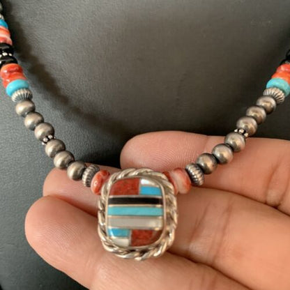 Authentic Navajo Sterling Silver Necklace | Turquoise & Onyx Multi-Color Inlay Pendant | Native American Jewelry | 13558