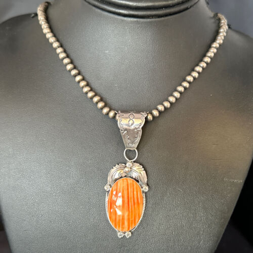 Navajo Pearls Orange Spiny Oyster Necklace Pendant | Sterling Silver | Authentic Native American Handmade | 14717