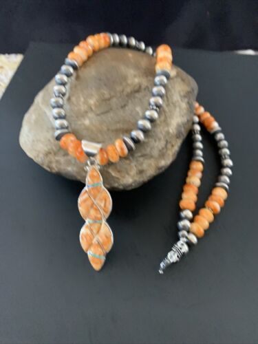 Navajo Pearls Sterling Silver Necklace | Orange Spiny Oyster Inlay Pendant | Authentic Native American Handmade | 11314