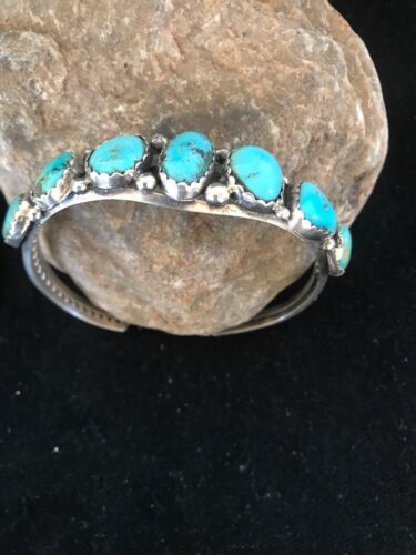 Navajo 7 Stone Turquoise Bracelet by Platero | Sterling Silver | Authentic Native American Handmade | 8309
