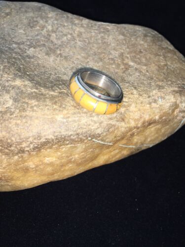 Navajo Women's Yellow Gold Turquoise Inlay Ring | Sterling Silver | Sz 6.5 | 01813