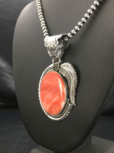 Navajo Red Spiny Oyster Pendant Necklace Set | Sterling Silver | Authentic Native American Handmade | Yazzie | 2879