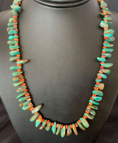 Navajo Green Turquoise & Red Spiny Oyster Necklace | Sterling Silver | Authentic Native American Handmade | 20" | 13221