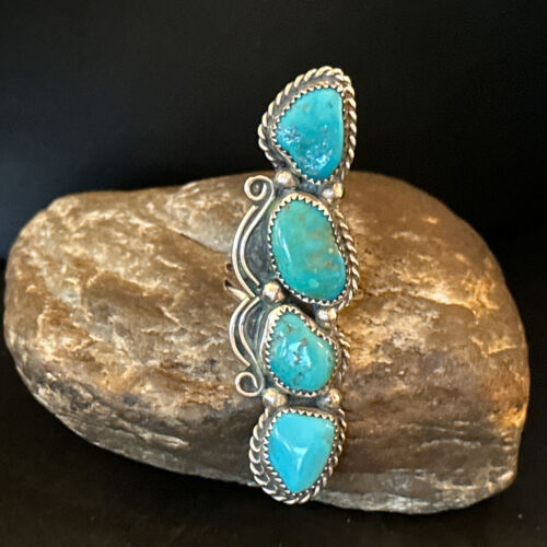 Navajo Blue Kingman Turquoise Cluster Ring | Authentic Native American Sterling Silver | Multi-Stone | Sz 8.5 | 14491
