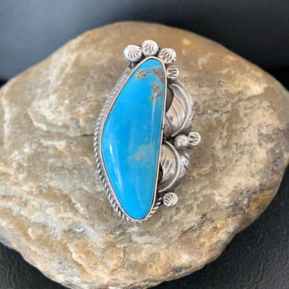 Navajo Blue Kingman Turquoise Ring | Sterling Silver Feather | Sz 9.5 | 10854