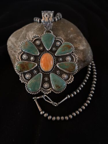 Navajo Spiny Oyster & Turquoise Cluster Pendant Necklace | Authentic Native American Sterling Silver | Multi-Stone | 01118
