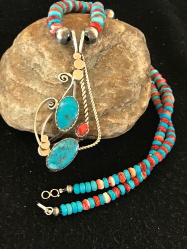 Navajo Kingman Turquoise & Spiny Oyster Pendant Necklace | Sterling Silver | 8659
