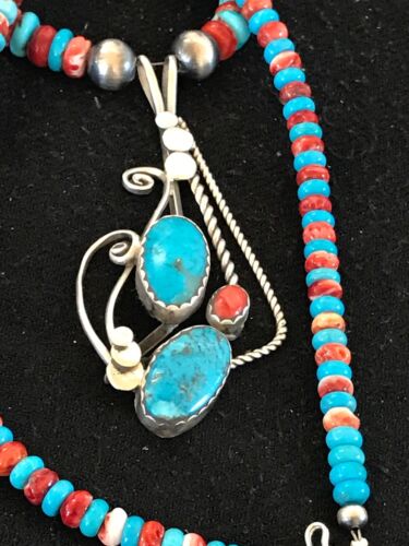 Navajo Kingman Turquoise & Spiny Oyster Pendant Necklace | Sterling Silver | 8659