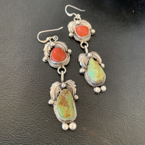 Navajo Green Royston Turquoise & Red Coral Dangle Earrings | Sterling Silver | Native American Handmade | 12354