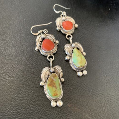 Navajo Green Royston Turquoise & Red Coral Dangle Earrings | Sterling Silver | Native American Handmade | 12354