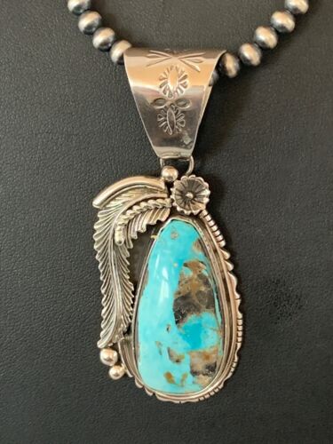 Men's Kingman Turquoise Pendant | Navajo Pearls Sterling Silver Necklace | Authentic Native American Handmade | 4301