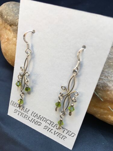 Green Peridot Minimalist Earrings | Navajo Sterling Silver | Native American Handmade | 8988