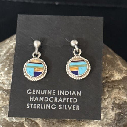 Navajo Multi-Color Turquoise Spiny Lapis Inlay Earrings | Sterling Silver | Authentic Native American Handmade | 14653
