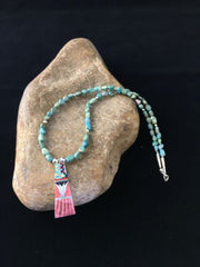 Authentic Native American Navajo Sterling Silver Necklace with Green Turquoise Inlay Pendant | 25" | 1751