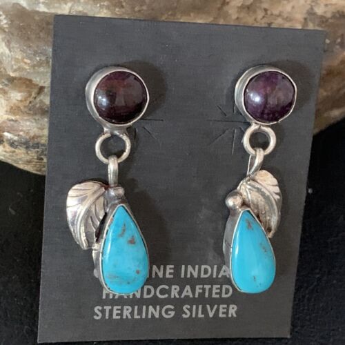 Navajo Purple Sugilite and Blue Turquoise Dangle Leaf Earrings | Sterling Silver | Native American Handmade | 13454