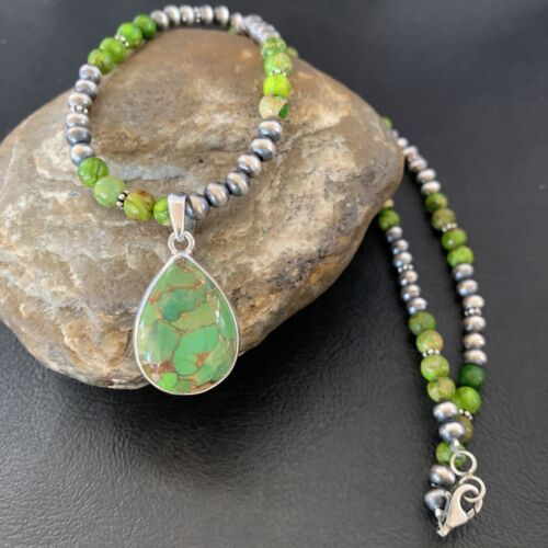 Navajo Pearl Necklace with Green Mojave Turquoise Pendant | Sterling Silver | Authentic Native American Handmade | 11759