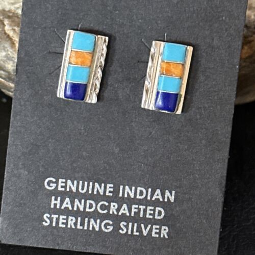 Navajo Multi-Color Turquoise Spiny Lapis Inlay Earrings | Sterling Silver | Authentic Native American Handmade | 14652