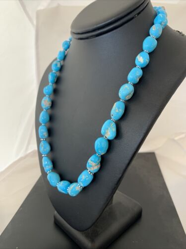 Navajo Sleeping Beauty Turquoise Beads Necklace | Sterling Silver Pearls | Authentic Native American Handmade | 00800