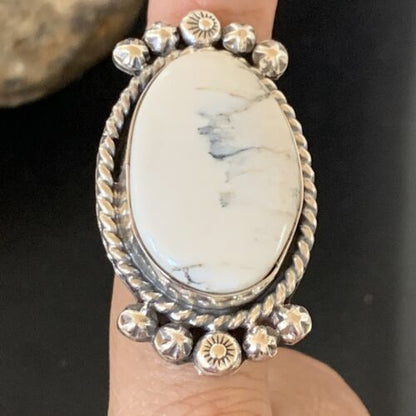 Navajo White Buffalo Turquoise Ring | Sterling Silver | Sz 7.5 | Authentic Native American Handmade | 13354