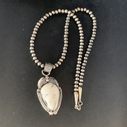 White Buffalo Turquoise Pendant Necklace | Sterling Silver | Navajo | Authentic Native American Handmade | 14049