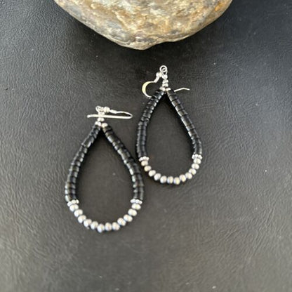 Native American Black Onyx Dangle Earrings | Sterling Silver Heishi Bead | 2" | 14427 - Masha USA