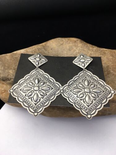 Native American Navajo Stamped Earrings | Sterling Silver | 2.75" | 1733 - Masha USA