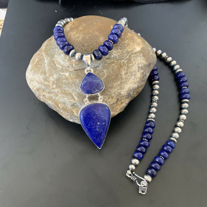 Navajo Sterling Silver Beads Necklace with Lapis Lazuli Pendant | 8mm | Authentic Native American Handmade | 11365