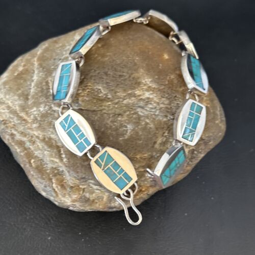 Men's Sterling Silver Navajo Turquoise Inlay Link Bracelet | 8.5" | Authentic Native American Handmade | 14659