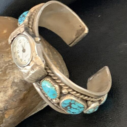 Navajo Sterling Silver Watch Cuff Bracelet | Blue Turquoise | Authentic Native American Jewelry | 13239