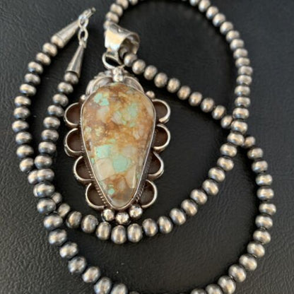 Men's Navajo Green Boulder Turquoise Pendant Necklace | Sterling Silver | Authentic Native American Handmade | 13661