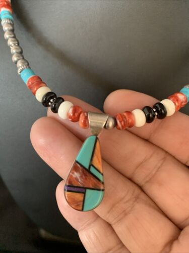 Navajo Multi-Color Turquoise Onyx Inlay Pendant Necklace | Sterling Silver | Authentic Native American Handmade | 13799