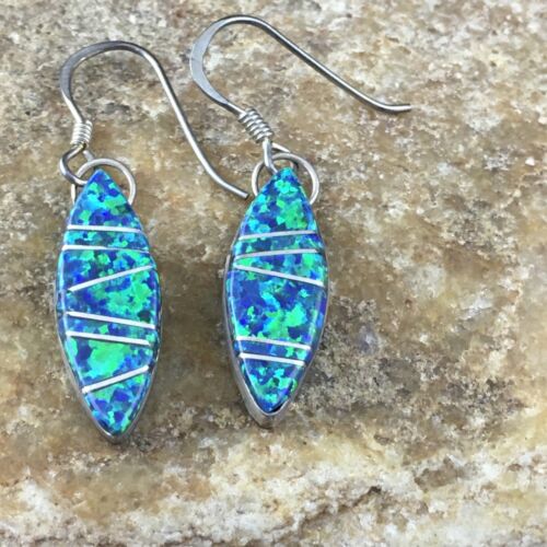 Navajo Blue Opal Inlay Turquoise Earrings | Sterling Silver | Authentic Native American Handmade | 2011