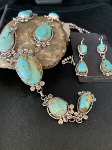 Navajo Sterling Silver Lariat Necklace 30" | Blue #8 Turquoise Earrings | Native American Handmade | 13770