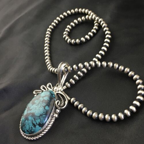 Navajo Pearls Sterling Silver Pendant with Blue Spiderweb Turquoise | 2.5" | Authentic Native American Handmade | 10164