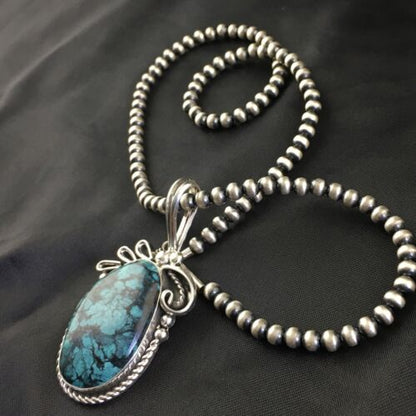 Navajo Pearls Sterling Silver Pendant with Blue Spiderweb Turquoise | 2.5" | Authentic Native American Handmade | 10164