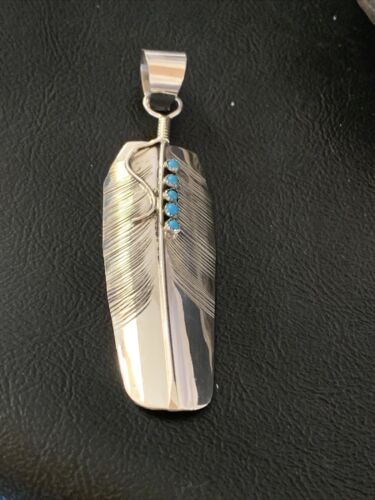 Navajo Turquoise Feather Pendant | Authentic Native American Sterling Silver | Multi-Stone | Handmade | 3.5" | 2106